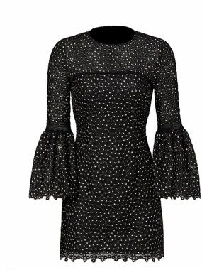 Cynthia Rowley Black Lace Bell-Sleeve Mini Dress with Dot Detail